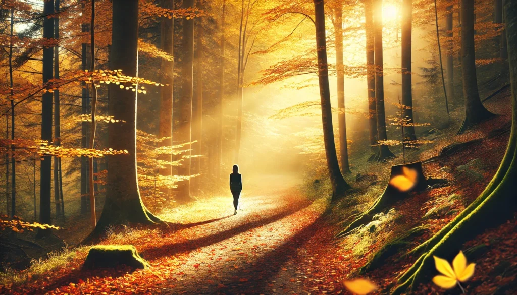 Person walking alone along a serene autumn forest path with golden leaves — representing mindful movement as a calming strategy for stress relief and emotional balance.