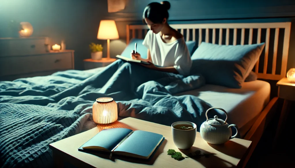 Peaceful nighttime bedroom scene with a person journaling in bed and a cup of herbal tea — conveying a relaxing bedtime ritual for winding down and supporting cognitive recovery.