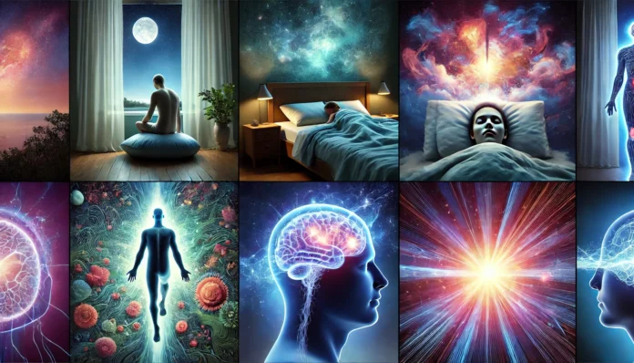 A tranquil bedroom at night with a person peacefully transitioning into sleep, their body relaxed, and a soft blue light symbolizing the beginning of the sleep cycle.