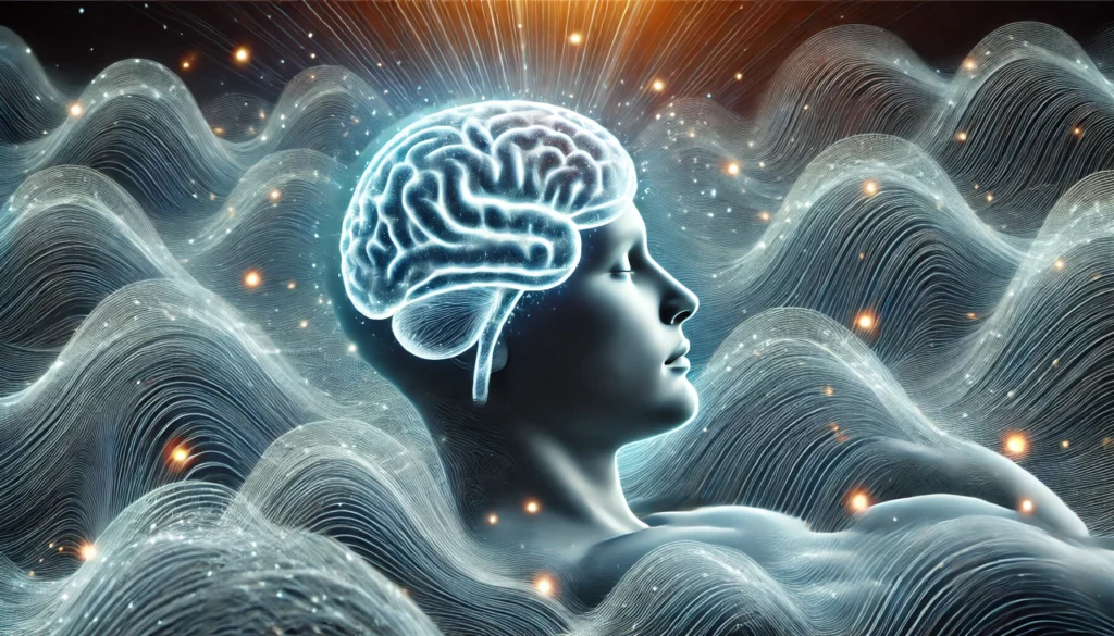A visualization of the connection between deep sleep and brain health, featuring a glowing human brain surrounded by waves of calming energy, symbolizing cognitive restoration and longevity.