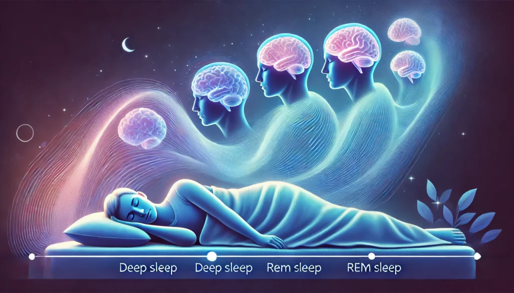 A peaceful depiction of the human sleep cycle, showing a person in bed transitioning through different sleep stages, with soft glowing waves representing deep sleep, REM sleep, and brain restoration.