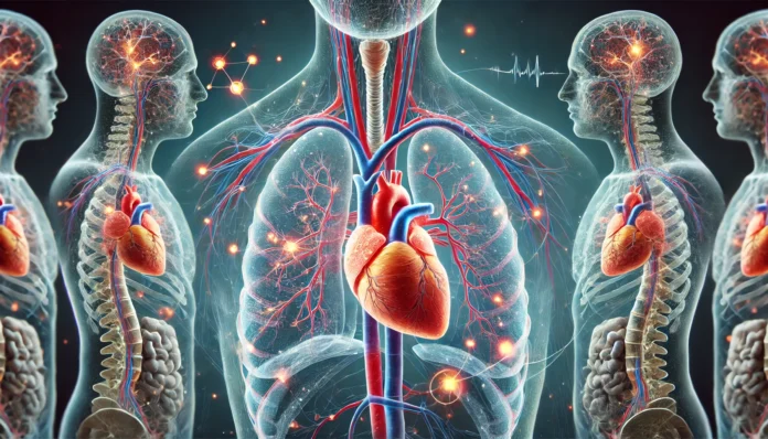 A realistic medical depiction of respiration and circulation controlled by the medulla oblongata, featuring semi-transparent overlays of the lungs and heart with energy flows representing neural signals.
