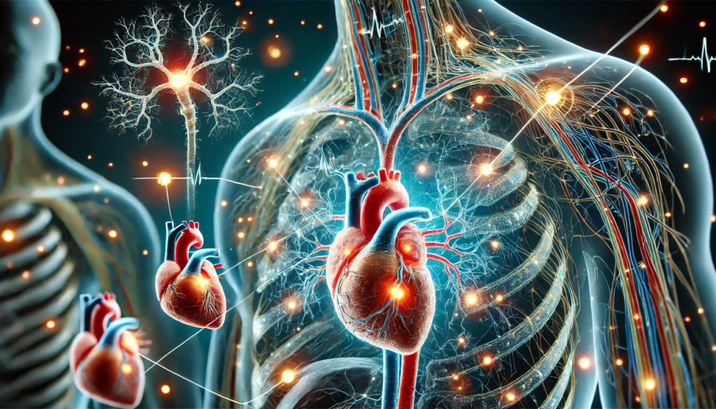 A visualization of the human nervous system, showing the medulla oblongata's connection to the heart and lungs with glowing neural pathways transmitting signals to regulate heart rate and breathing.