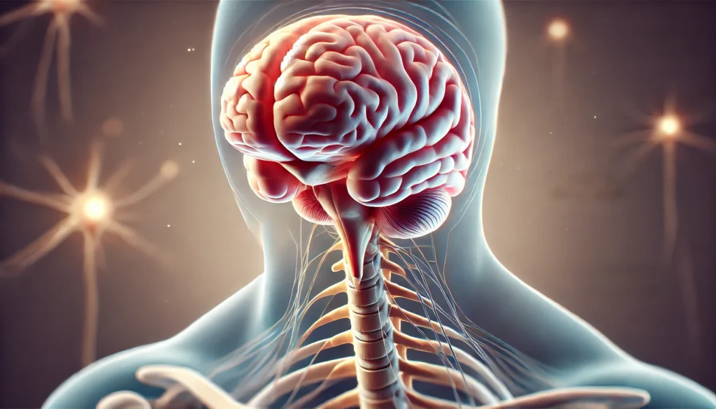 A detailed 3D medical illustration of the human brainstem, highlighting the medulla oblongata in a distinct color to emphasize its location at the lower part of the brainstem, connecting to the spinal cord.