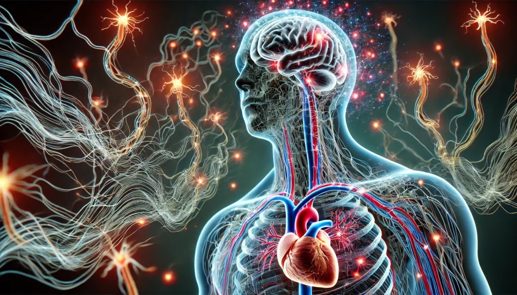 A dynamic visualization of the medulla oblongata’s role in autonomic control, featuring glowing nerve signals traveling between the brainstem, heart, and lungs. The image artistically yet scientifically represents neural regulation of vital functions.
