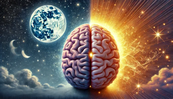 Surreal depiction of a brain transitioning from sleep to wakefulness, with moonlight on one side and sunrise on the other, highlighting the suprachiasmatic nucleus as the circadian rhythm regulator.
