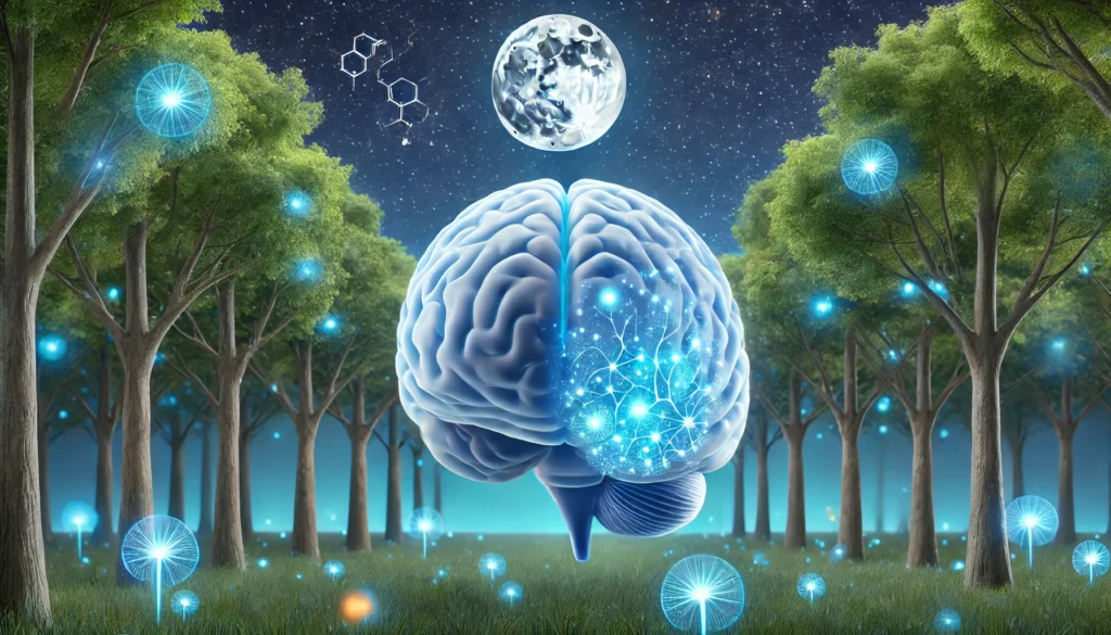 Visual of the brain’s pineal gland illuminated at night in a bioluminescent forest, symbolizing melatonin release and its role in controlling the sleep-wake cycle.