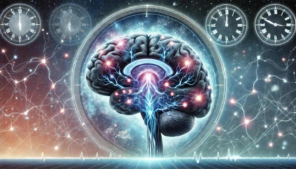 Futuristic artistic depiction of the brain's sleep centers, including the hypothalamus, pineal gland, and brainstem interconnected by glowing neural pathways against a night sky with circadian motifs.