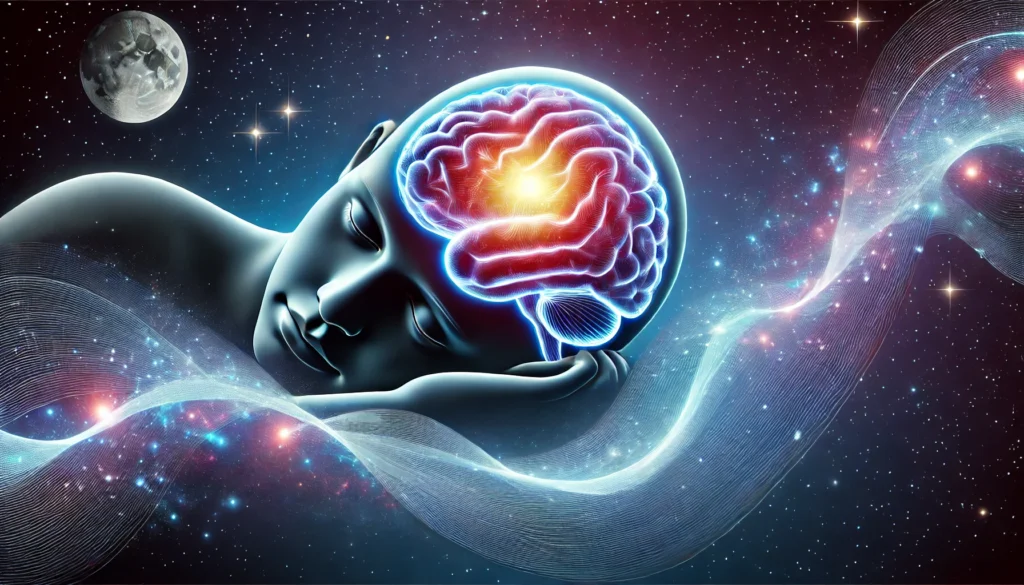 Imaginative illustration of a sleeping human figure with a glowing suprachiasmatic nucleus inside the brain, resting under a starry sky with dream-like waves symbolizing circadian rhythm control.