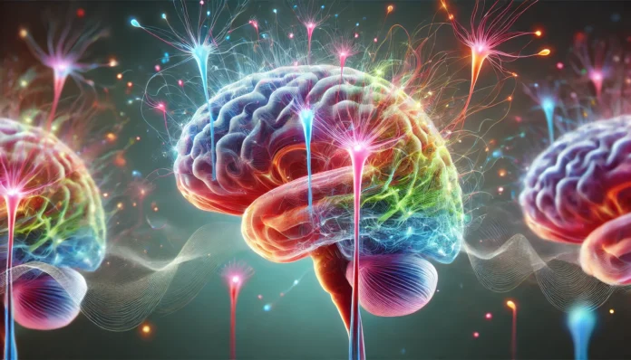 3D artistic visualization of colorful neural signals between Broca’s area and Wernicke’s area, representing brain activity involved in speech and language processing.