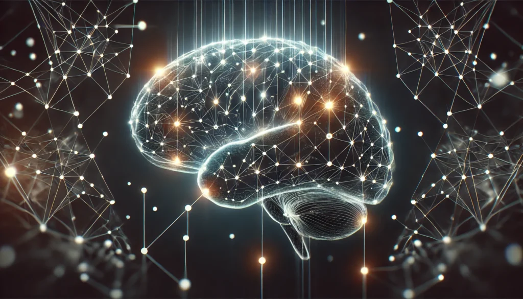 Futuristic illustration of the cerebral cortex with glowing interconnected pathways in the brain's left hemisphere, representing neural networks responsible for speech and language.