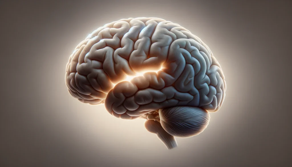 Realistic lateral view of a human brain with glowing highlights around Broca’s and Wernicke’s areas, symbolizing active speech and language processing regions.