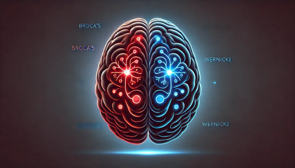 Conceptual image of the brain highlighting Broca’s and Wernicke’s areas in glowing red and blue, symbolizing active speech and language processing under neural stimulation.