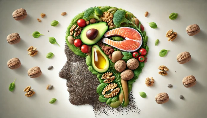 Artistic brain made of healthy fat-rich foods like avocado, walnuts, salmon, and olive oil, symbolizing the role of nutrition in cognitive longevity.