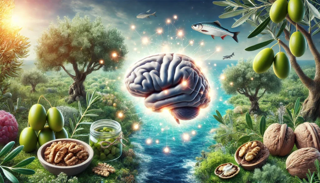 Luminous human brain hovering above a landscape of olive trees, fish, and walnut groves, representing the natural origins of fats that nourish the brain.