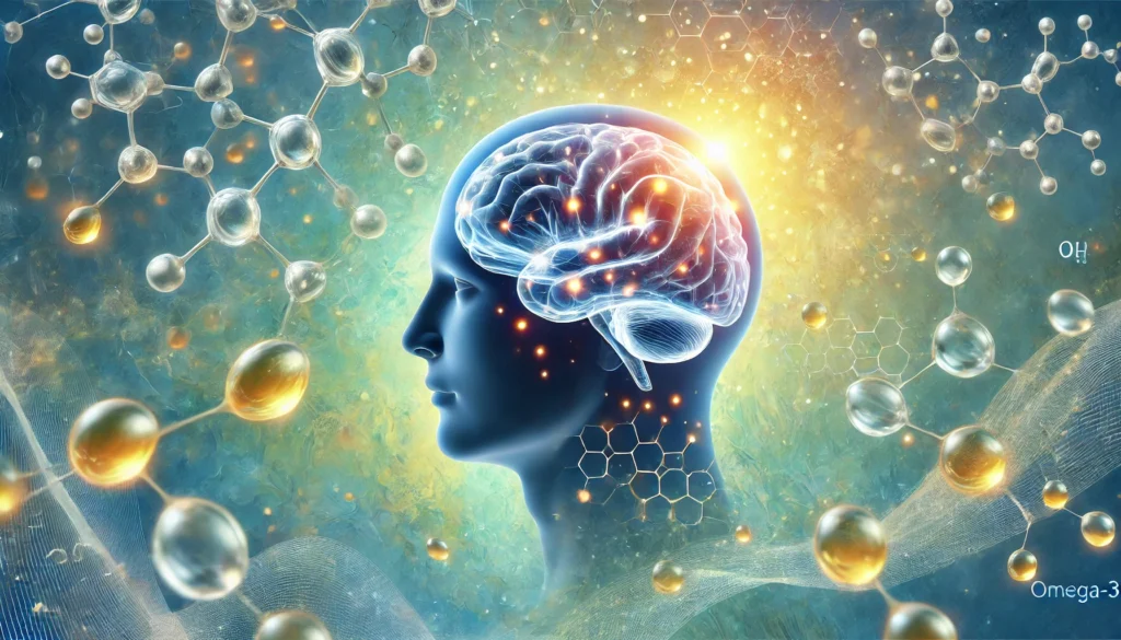 Futuristic rendering of a glowing brain with neural pathways and omega-3 molecular structures, blending science and nutrition to depict cognitive support from healthy fats.
