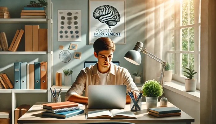 Peaceful study space with natural light, a young adult focusing at a desk with a laptop, books, and a plant — promoting better concentration through an organized environment.