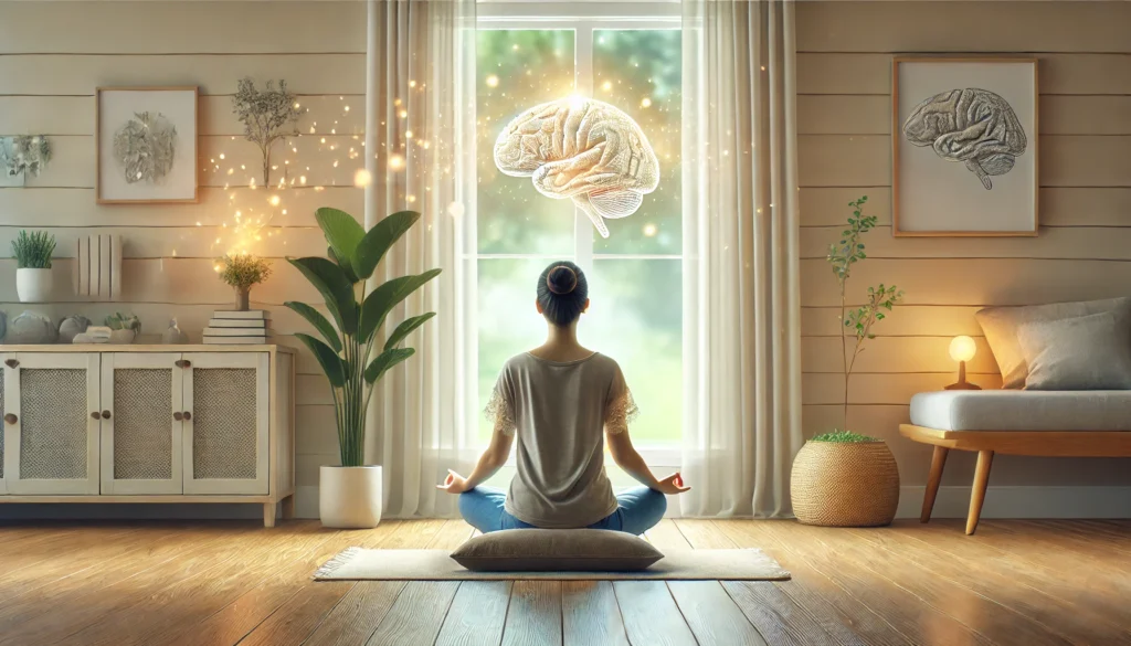 Person meditating in a calm, minimalist room with natural light and greenery, symbolizing mindfulness and brain health for improved focus and stress reduction.