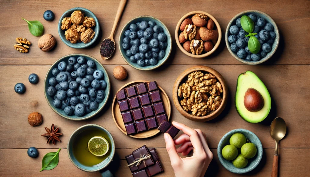 Top-down view of brain-boosting foods including blueberries, walnuts, avocado, green tea, and dark chocolate, emphasizing nutrition’s role in cognitive performance.