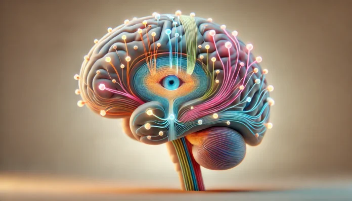 Side view of a human brain with glowing neural pathways showing the optic nerve, thalamus, and visual cortex involved in visual perception.