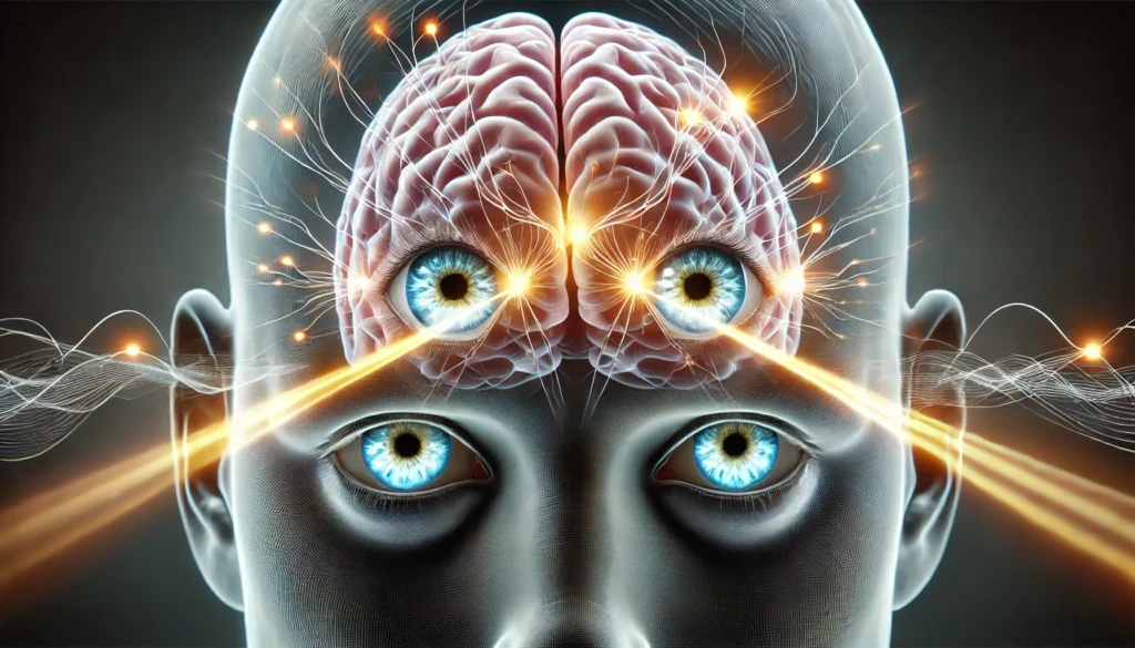 Cinematic rendering of the human brain with glowing occipital lobe and visual cortex, set against a soft-lit background featuring faint outlines of eyes to suggest visual perception.