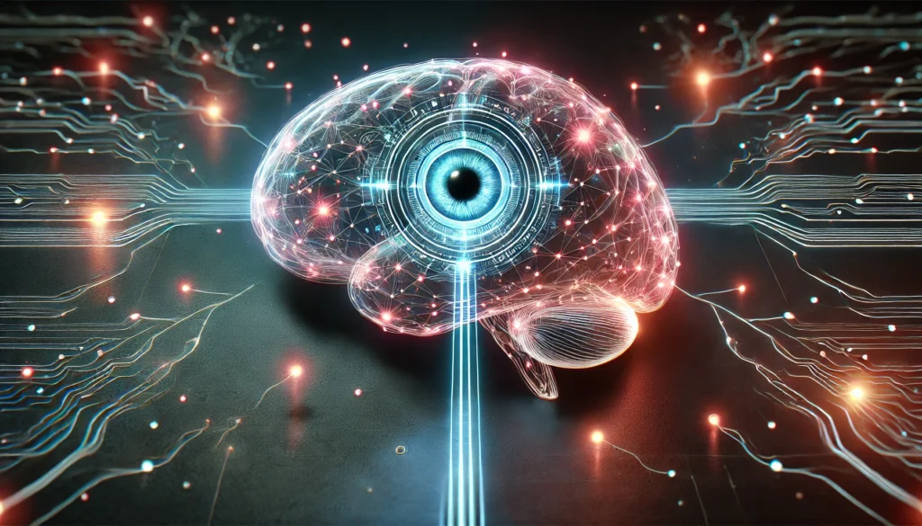 Futuristic rendering of the brain’s visual system with a glowing occipital lobe linked to digital eye-like sensors and illuminated neural pathways extending outward in a dark high-tech setting.