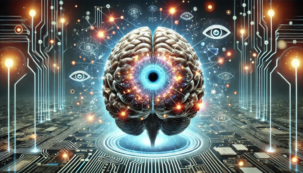 Futuristic brain illustration immersed in a digital setting, showing radiant visual processing regions linked to floating holographic eyes, emphasizing the brain’s role in vision.