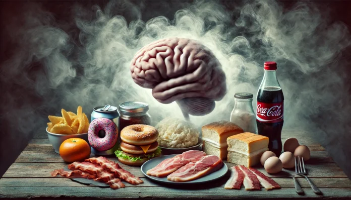 Tabletop scene of processed foods including donuts, bacon, and soda surrounded by dark fog symbolizing memory loss and cognitive decline.