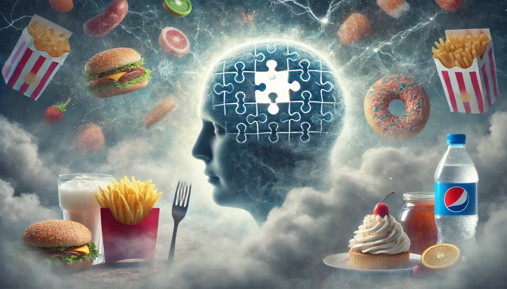 Surreal brain image fading into mist with blurred junk food in the background, representing brain fog and disrupted neural pathways.
