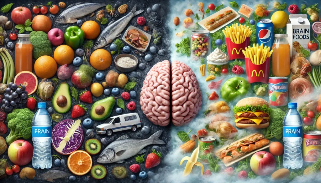 Split visual of healthy vs unhealthy brain foods, with clear lighting for fruits and vegetables and hazy gloom for processed snacks.