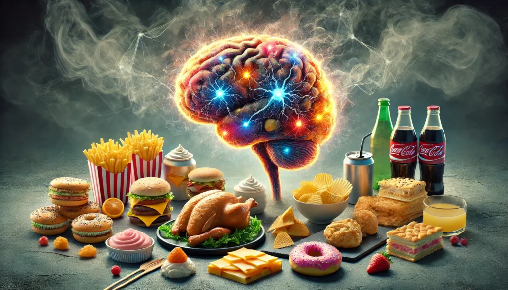 Aging brain surrounded by fried foods and soda in a foggy environment, visually depicting cognitive deterioration from poor diet.