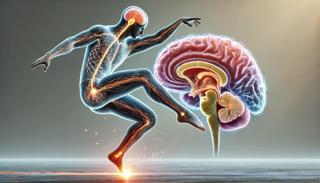 Realistic fusion of cerebellum and inner ear structures with neural pathways extending to the feet, overlaid on a person balancing on one leg, symbolizing brain mechanisms for balance and motor coordination.