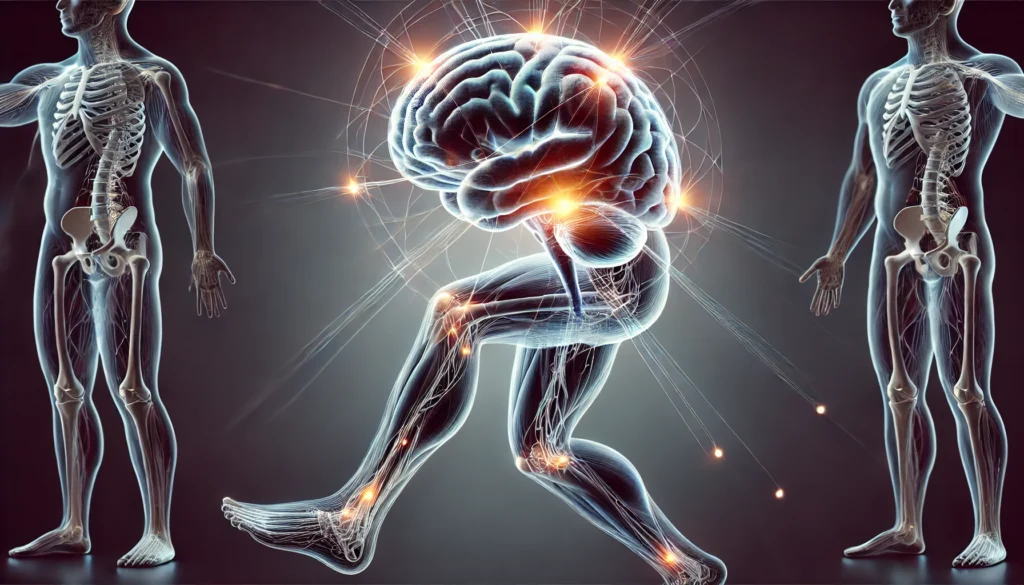 Digital illustration of the human brain sending neural signals to leg and arm muscles, showing coordinated movement pathways from the motor cortex to the limbs, emphasizing brain-muscle communication for voluntary actions.