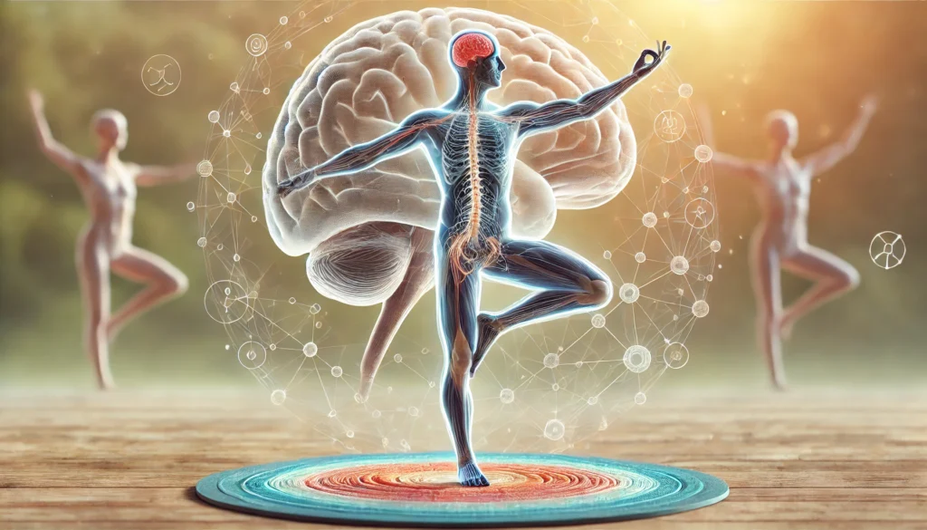 Visualization of the human brain’s motor cortex activating neural pathways during a yoga tree pose, with transparent overlays of brain-to-muscle signaling that highlight the coordination required for balance and posture.