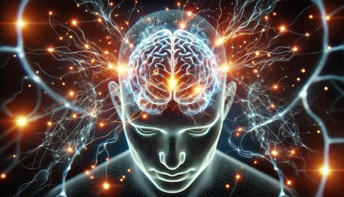 Abstract digital artwork of the frontal lobe emitting electric neural energy, emphasizing its role in decision-making, behavioral regulation, and emotional processing.