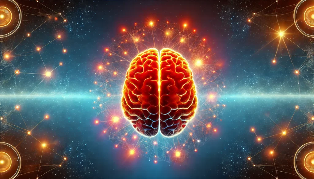 Vivid illustration of the brain’s frontal lobe glowing in red-orange, surrounded by neural networks representing personality development and cognitive control.