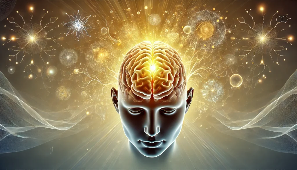 Surreal rendering of the human brain with a golden-lit frontal lobe, surrounded by abstract neural patterns symbolizing thought, behavior, and emotion.