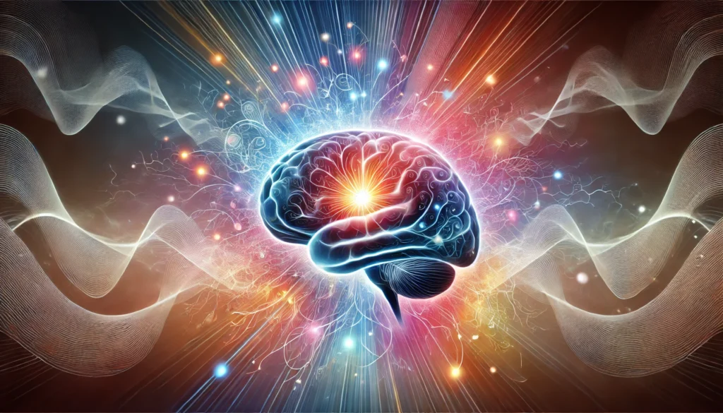 Conceptual digital artwork of a brain with a radiant frontal lobe emitting colorful waves, illustrating personality traits, introspection, and cognitive activity.