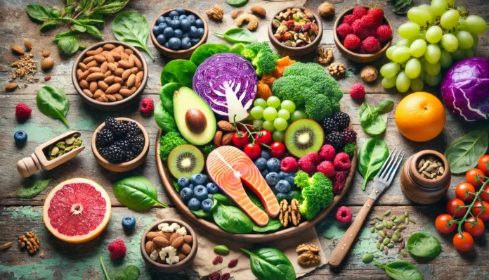 A colorful assortment of brain-boosting foods including salmon, leafy greens, berries, and nuts on a rustic wooden table, illustrating the role of nutrition in supporting brain function and longevity.