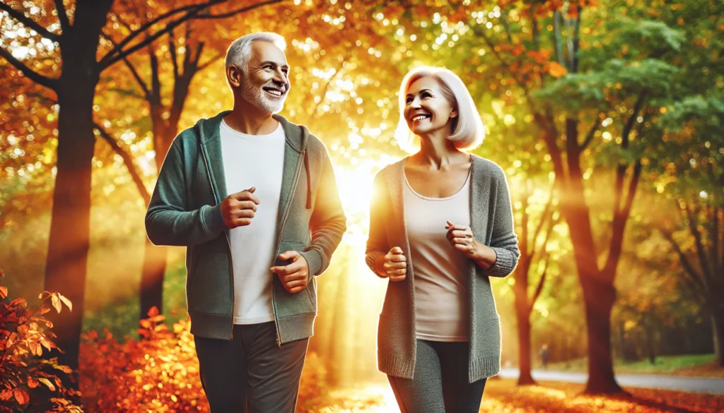 A fit older adult couple walking together through an autumn park, representing how physical activity contributes to healthy aging, brain vitality, and cognitive longevity.