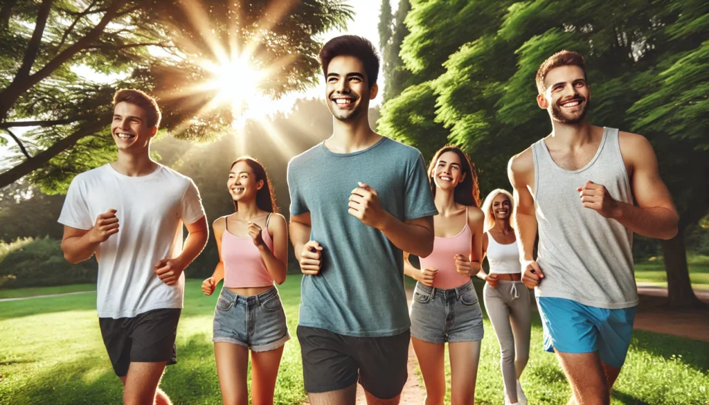 A group of diverse young adults jogging in a sunny green park, representing how regular aerobic exercise enhances brain function, improves mood, and supports cognitive longevity.