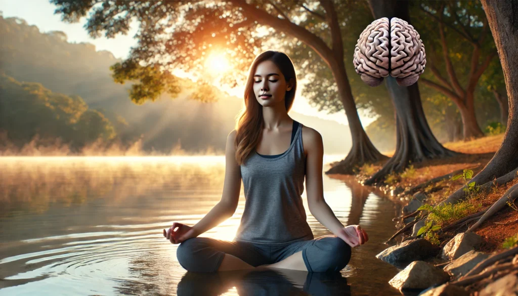 A healthy young adult meditating peacefully near a lake at sunrise, surrounded by trees, symbolizing how mental wellness and mindfulness support brain function and long-term cognitive health.
