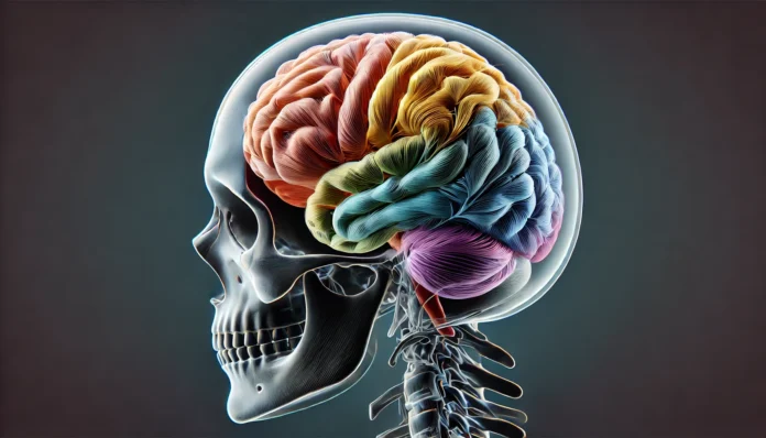 Side-view anatomical illustration of the brain within a semi-transparent skull, showing detailed textures of the lobes and realistic brain surface anatomy in vivid color.