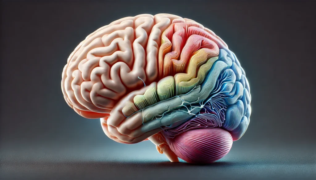 Diagonal cutaway 3D brain illustration displaying internal structures like the cerebral cortex and corpus callosum, with each brain lobe subtly color-coded and highly detailed.