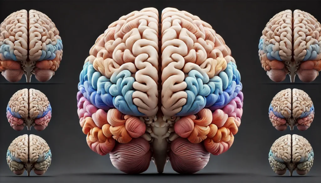 Front-facing 3D image of the human brain showing realistic surface anatomy with distinct, soft-colored frontal, parietal, temporal, and occipital lobes, set against a black background.