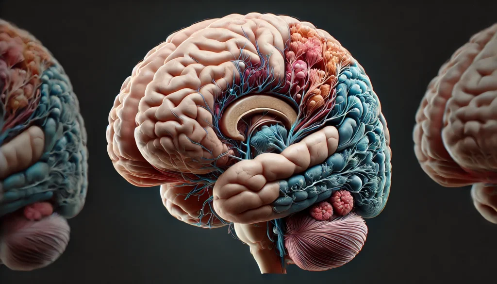 Cross-sectional 3D view of the human brain displaying internal structures like the limbic system and ventricles, with detailed textures and color-differentiated lobes on a dark, clinical background.