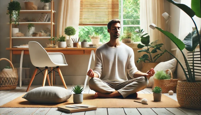 Adult meditating in a minimalist home office filled with natural light and plants, symbolizing mindfulness as a natural strategy to manage ADHD without medication.