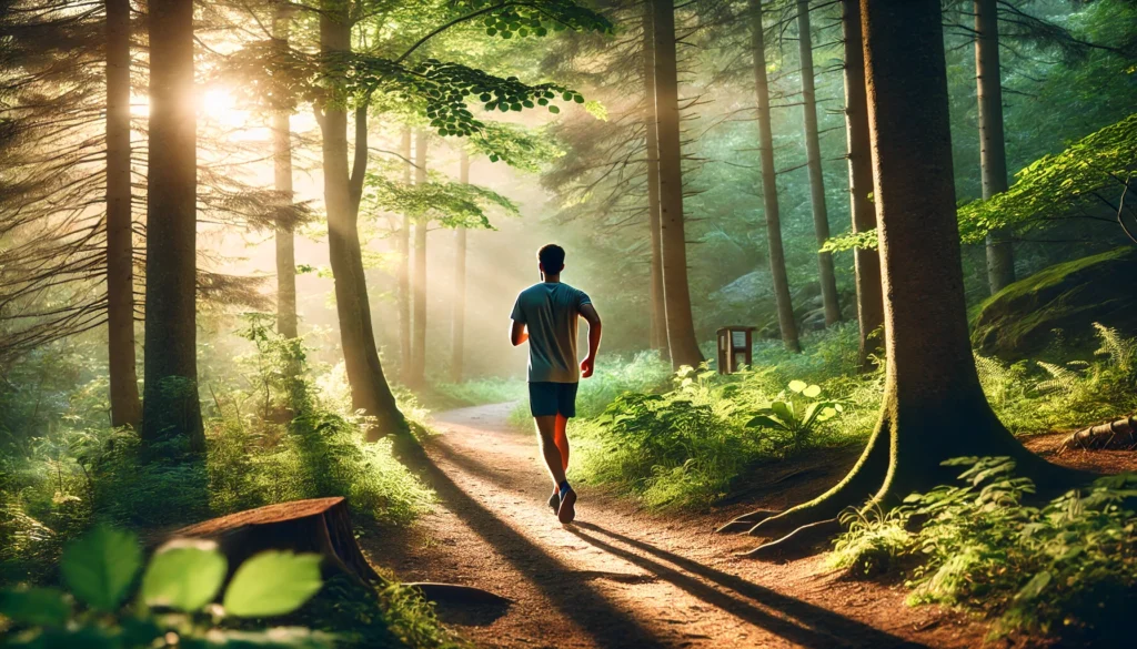 Adult walking on a peaceful forest trail surrounded by lush greenery, highlighting outdoor exercise as a brain-boosting, drug-free method to improve ADHD symptoms.