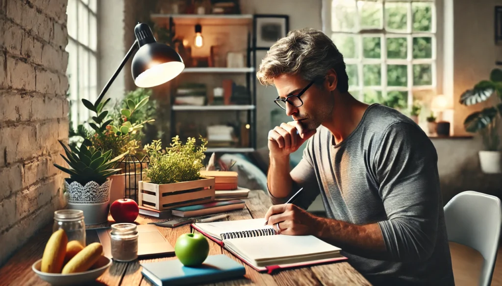 Focused adult journaling in a cozy, organized workspace with houseplants and a healthy snack, illustrating structured routines and lifestyle techniques for ADHD management.