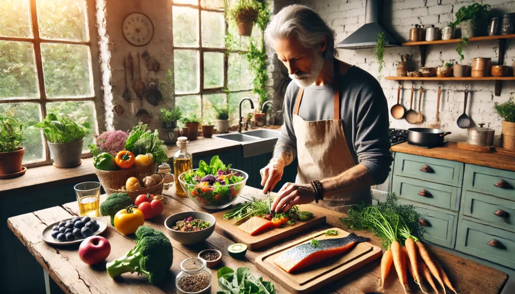 Adult preparing a nutritious meal with salmon and vegetables in a bright, cozy kitchen, representing the role of diet in supporting focus and cognitive health without medication.